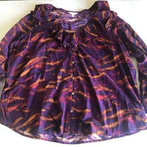 Terra & Sky Purple Orange Ruffle Neckline Blouse Long Sleeve 2X A2350